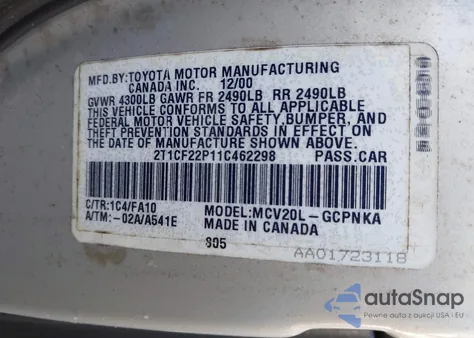 2001 Toyota Camry Solara Se V6 из США, поврежденный, VIN 2T1CF22P11C462298